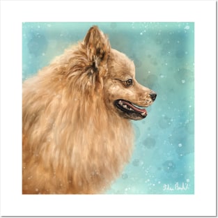 Painting of a Pomeranian Do with Golden Fur on Turquoise Background Posters and Art